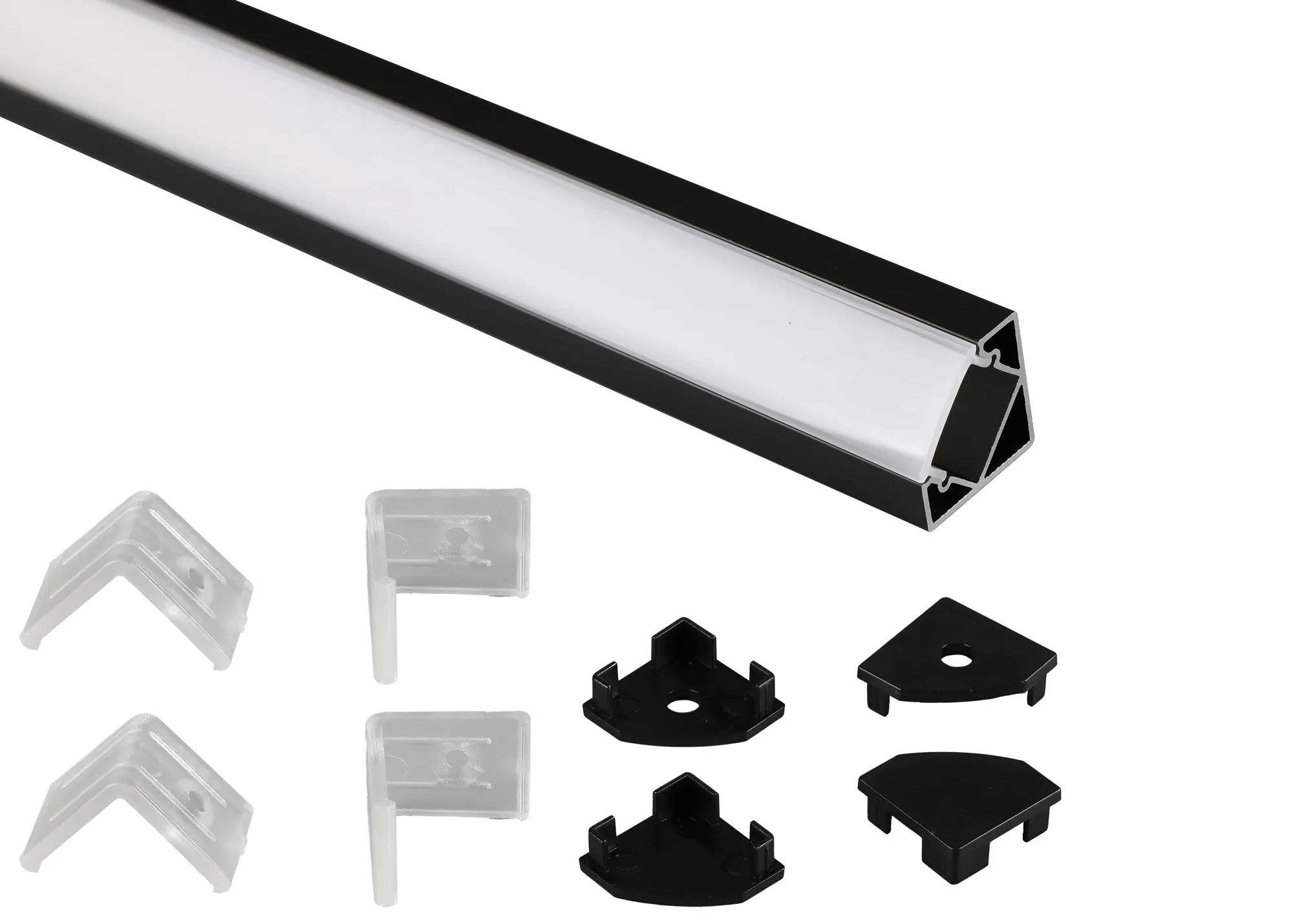 M7418  Tiras 2m, 18 x 18mm Black Corner Aluminium Profile With Diffuser And Accessories